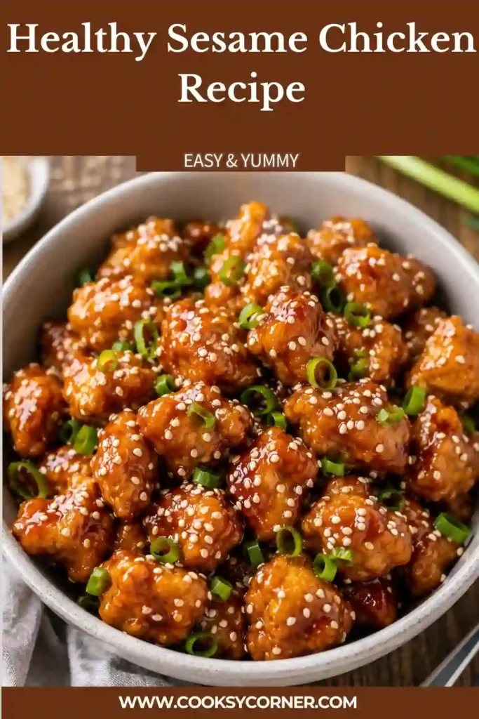 A bowl of crispy sesame chicken coated in glossy honey sesame sauce and garnished with sesame seeds and sliced green onions. Served over fluffy white rice for a complete meal.