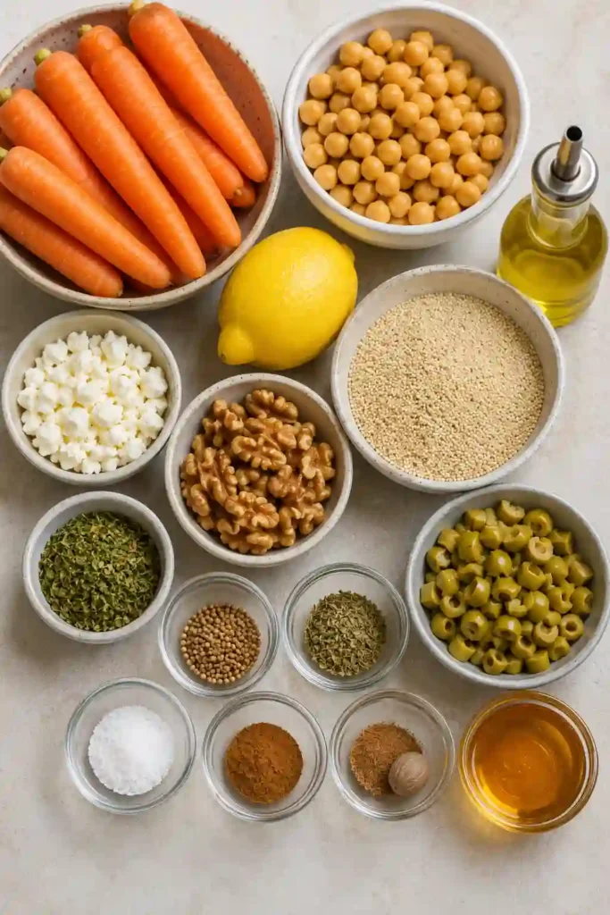 Vegetarian grain bowl filled with roasted carrots, chickpeas, feta cheese, walnuts, and chopped olives over quinoa. A colorful and nutritious dinner recipe.