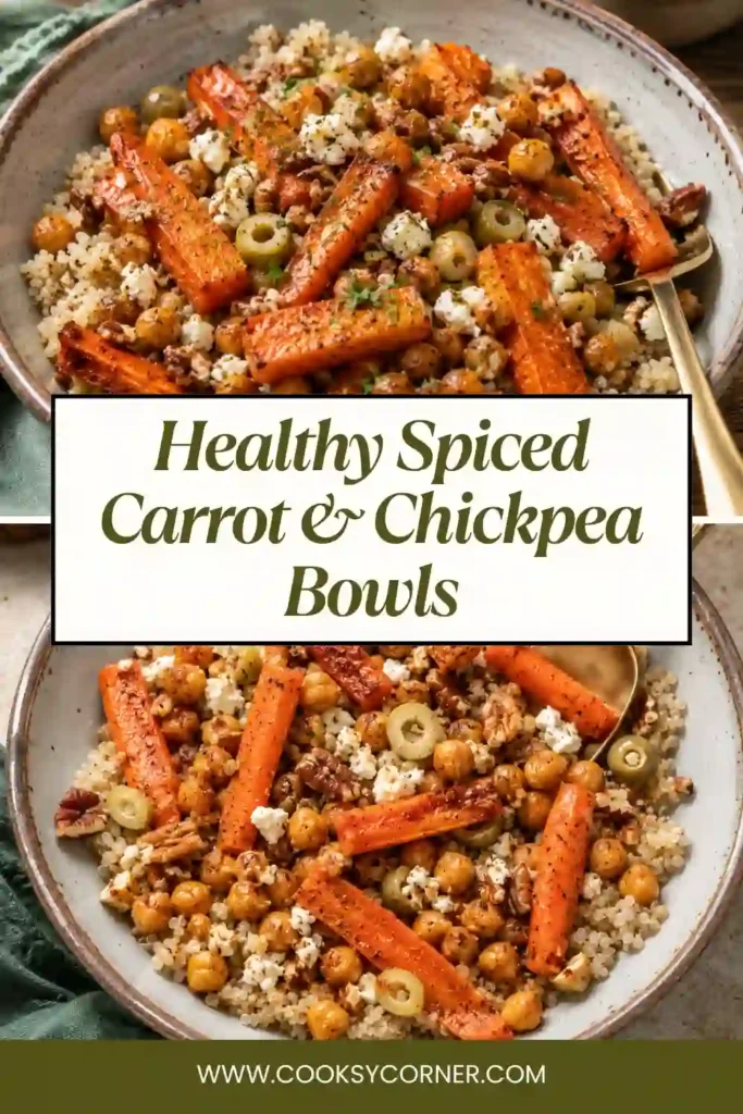 A bowl of spiced carrot and chickpea quinoa topped with feta cheese, walnuts, and green olives. This healthy vegetarian bowl is colorful, hearty, and packed with Mediterranean flavors.