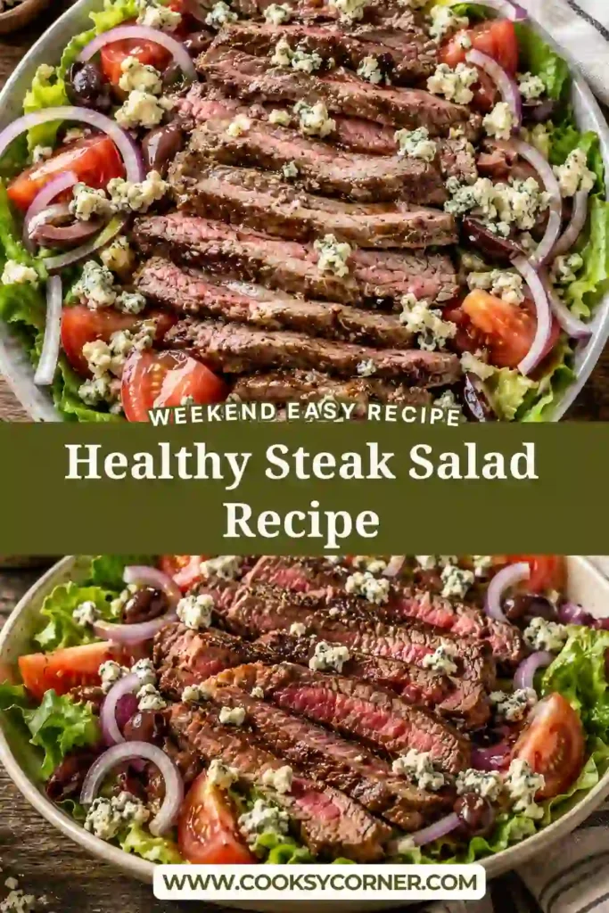 A healthy steak salad featuring tender slices of rib-eye steak, fresh vegetables, and tangy dressing. The salad is garnished with blue cheese and olives.