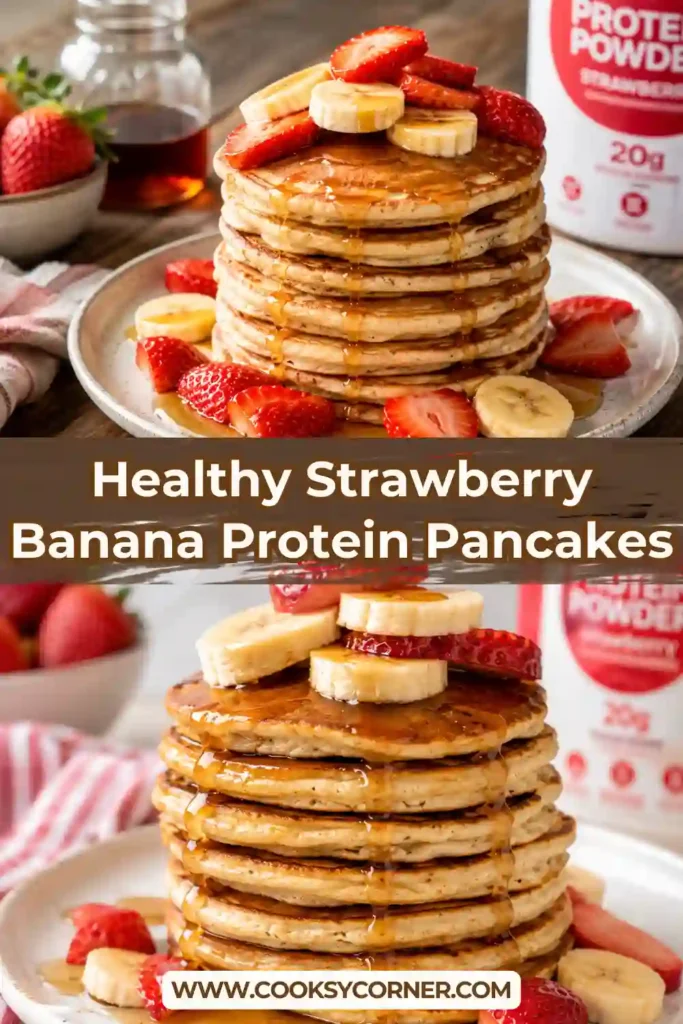 Protein pancakes served with fresh strawberries and a vanilla yogurt topping. The pancakes are golden brown and fluffy.