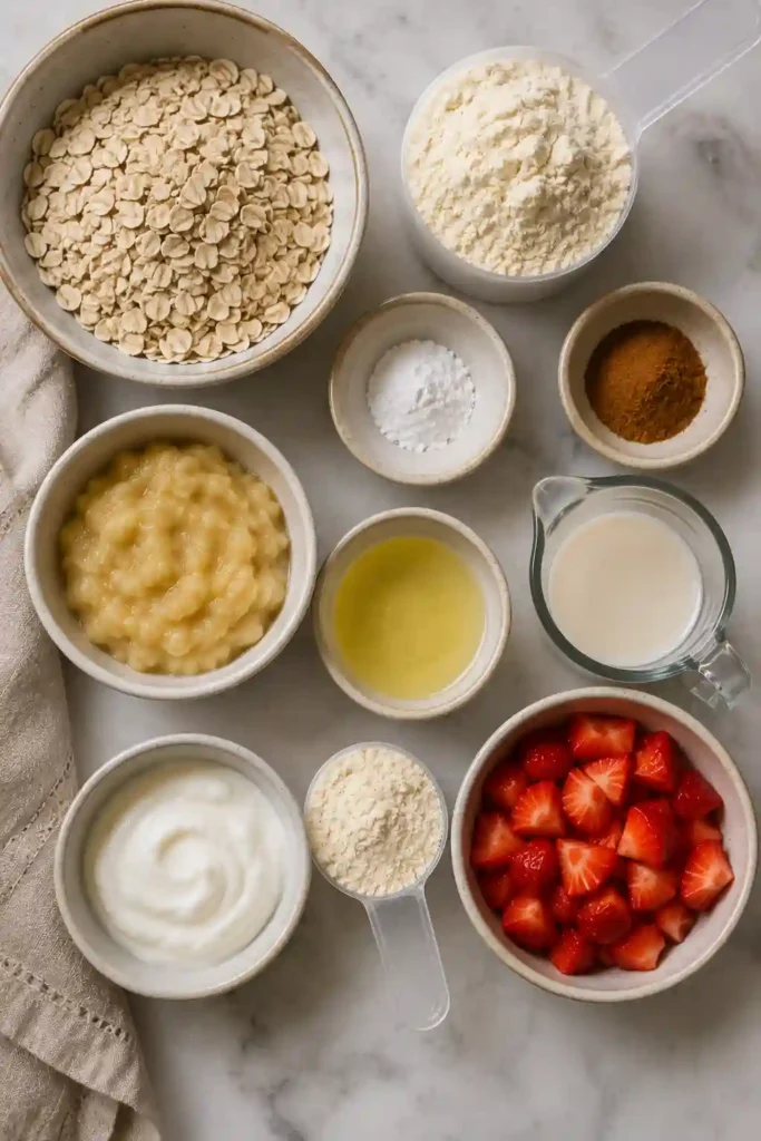 Healthy protein pancakes stacked high and garnished with strawberries and vanilla yogurt topping.