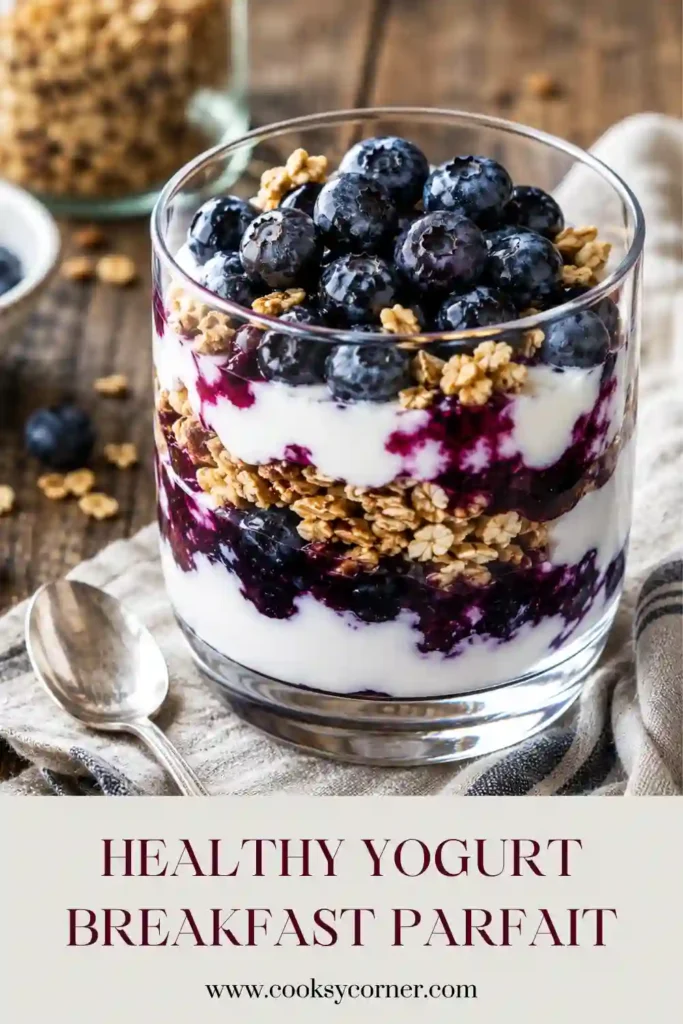 A Healthy Yogurt Breakfast Parfait layered with creamy Greek yogurt, blueberries, and crunchy granola in a clear glass. This high-protein breakfast is fresh, colorful, and nutritious.