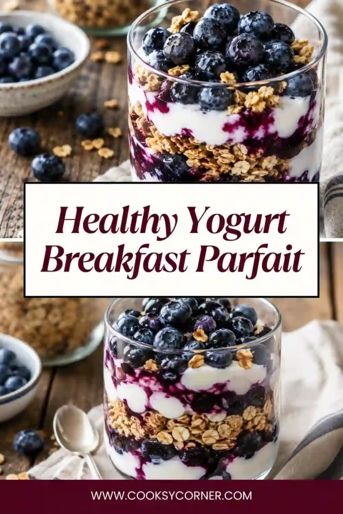 Blueberry yogurt parfait made with nonfat Greek yogurt, juicy blueberries, and crisp granola. A healthy breakfast parfait served in a glass bowl.