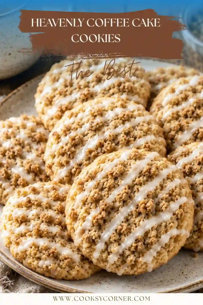 Freshly baked Heavenly Coffee Cake Cookies topped with buttery cinnamon crumb topping and drizzled with sweet glaze. These bakery-style cookies have a soft center and golden edges.