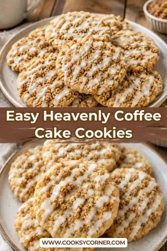 Close-up of homemade coffee cake cookies topped with cinnamon crumbs and powdered sugar glaze. The cookies are golden brown with a soft, chewy texture.