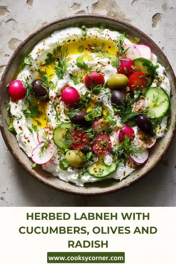 Fresh Herbed Labneh topped with cucumber slices, radishes, tomatoes, and lemon zest. A vibrant and healthy Mediterranean-inspired appetizer.