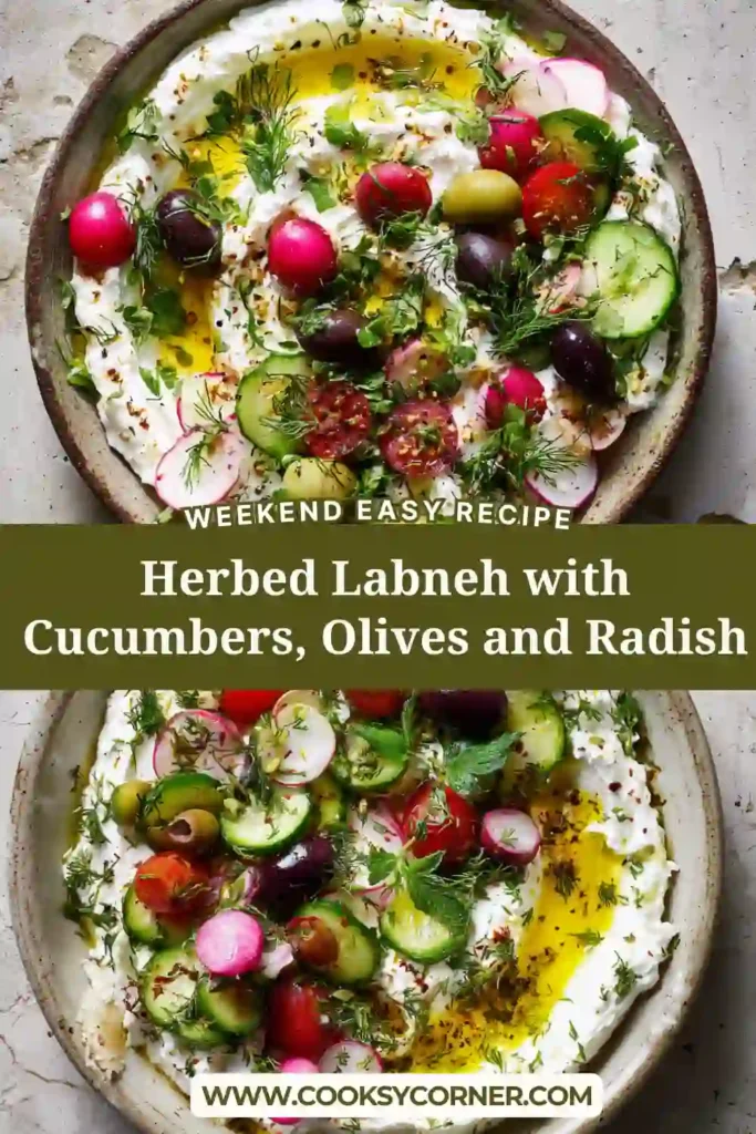 Homemade labneh garnished with dill, mint, parsley, olives, and crisp vegetables. A fresh Middle Eastern dip served with crusty sourdough bread.