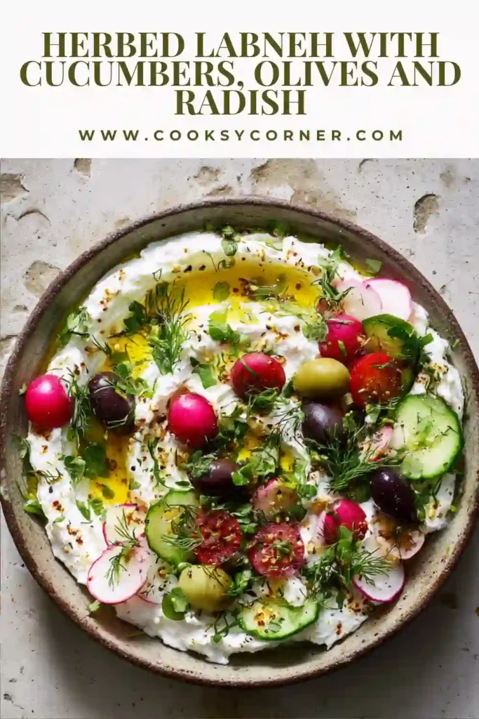 Creamy Herbed Labneh spread across a serving platter and topped with cucumbers, Kalamata olives, radishes, tomatoes, fresh herbs, olive oil, and za'atar. This colorful Mediterranean appetizer is perfect for mezze spreads.