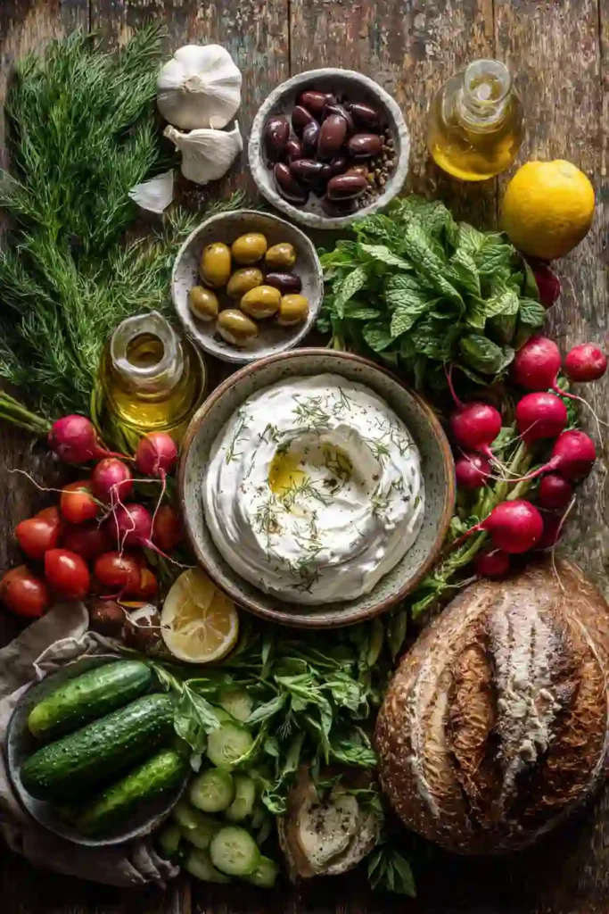 A platter of creamy yogurt cheese decorated with herbs, olives, and seasonal vegetables. This Herbed Labneh recipe is ideal for entertaining and sharing.