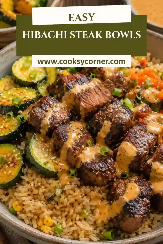 A bowl of Hibachi Steak Bowls topped with tender sirloin steak, sautéed mushrooms, zucchini, and carrots over fried rice. This Japanese-inspired steak rice bowl is colorful, hearty, and perfect for weeknight dinners.