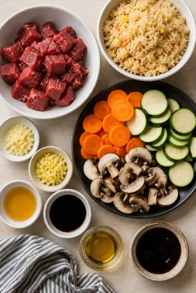 A hearty steak and vegetable rice bowl made with sirloin steak, mushrooms, zucchini, carrots, and fried rice. Perfect for meal prep and easy dinners.