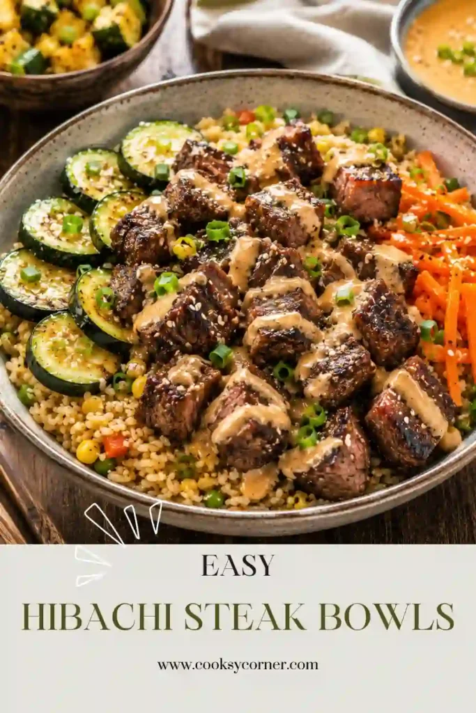 Homemade Hibachi Steak Bowls served with seasoned steak, fresh vegetables, and fried rice. This easy steak rice bowl recipe offers restaurant-style flavor at home.