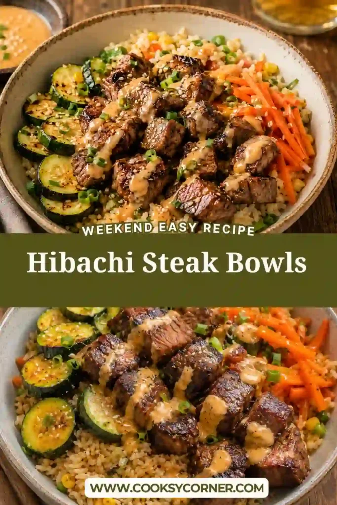 Japanese-inspired Hibachi Steak Bowls featuring marinated sirloin steak and sautéed vegetables over rice. A wholesome and flavorful family dinner option.