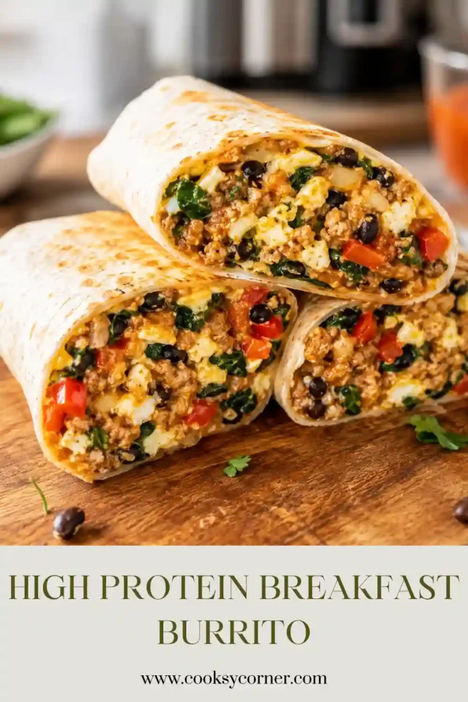 Homemade High Protein Breakfast Burritos served with fresh salsa and avocado. The wraps are packed with protein-rich ingredients and vibrant vegetables.