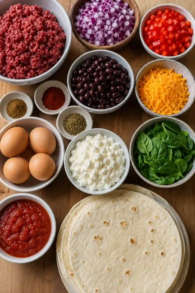 Close-up of a breakfast burrito stuffed with lean beef, black beans, eggs, and melted cheddar cheese. An easy high-protein breakfast recipe for meal prep.