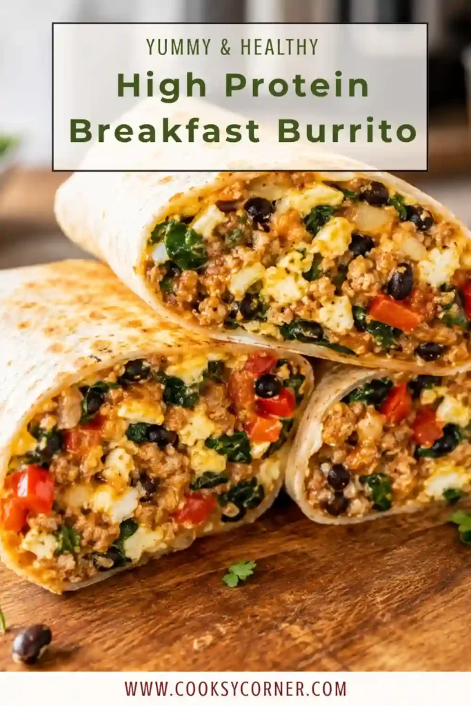 Freshly prepared breakfast burritos arranged on a wooden board with visible layers of beef, beans, spinach, and cheese. A healthy high-protein breakfast option for busy mornings.