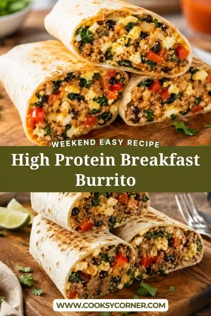A High Protein Breakfast Burrito sliced in half to reveal a filling of lean beef, black beans, eggs, spinach, and melted cheese. This hearty breakfast wrap is ideal for meal prep and high-protein diets.