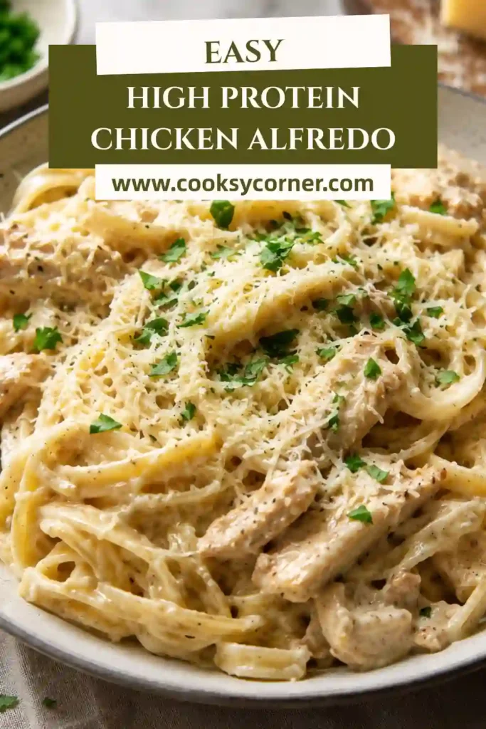 Creamy High Protein Chicken Alfredo served in a pasta bowl with tender chicken thighs and freshly grated parmesan. This protein-packed pasta recipe is rich, comforting, and satisfying.