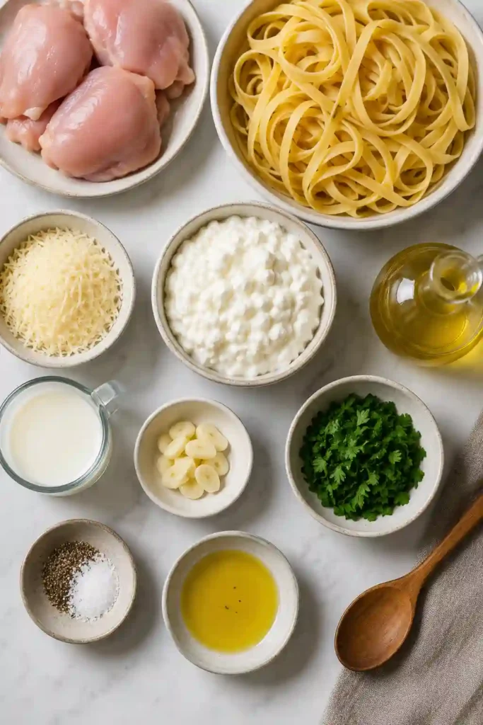 Homemade High Protein Chicken Alfredo with juicy chicken slices and creamy parmesan sauce. A healthy chicken pasta dinner perfect for family meals and meal prep.