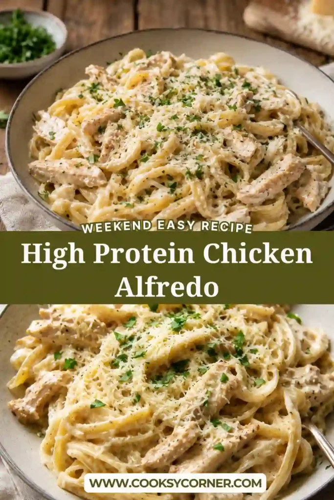 A bowl of High Protein Chicken Alfredo topped with sliced chicken, parmesan cheese, and fresh parsley. The creamy cottage cheese Alfredo sauce coats every strand of fettuccine.