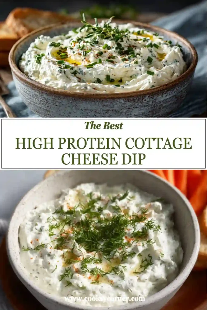 Smooth cottage cheese dip garnished with chopped chives and surrounded by cucumber, celery, and carrot sticks. A high protein snack that's easy to prepare.