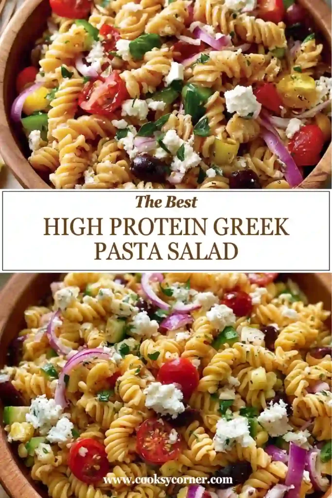 Fresh High Protein Greek Pasta Salad tossed with lemon vinaigrette and feta cheese. This healthy Mediterranean pasta salad features crisp vegetables and protein-rich pasta.
