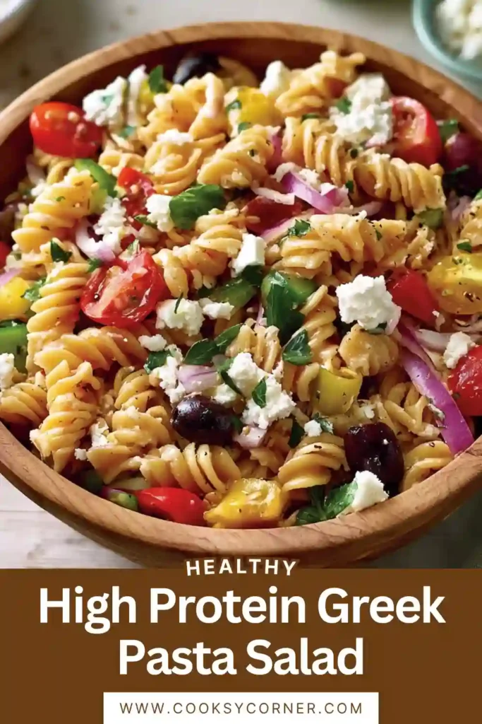 Close-up view of High Protein Greek Pasta Salad with cucumbers, tomatoes, peppers, feta, and fresh herbs. A nutritious meal-prep pasta salad packed with Mediterranean flavor.