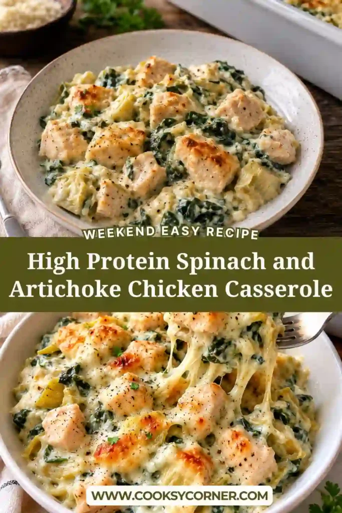 Close-up view of a healthy spinach artichoke chicken bake made with cottage cheese, chicken breast, spinach, and Parmesan cheese. The casserole is golden and bubbly after baking.