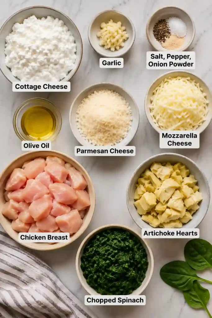 Freshly baked low-carb chicken casserole with spinach, artichokes, mozzarella, and Parmesan cheese. The dish is served warm with a golden cheesy topping.
