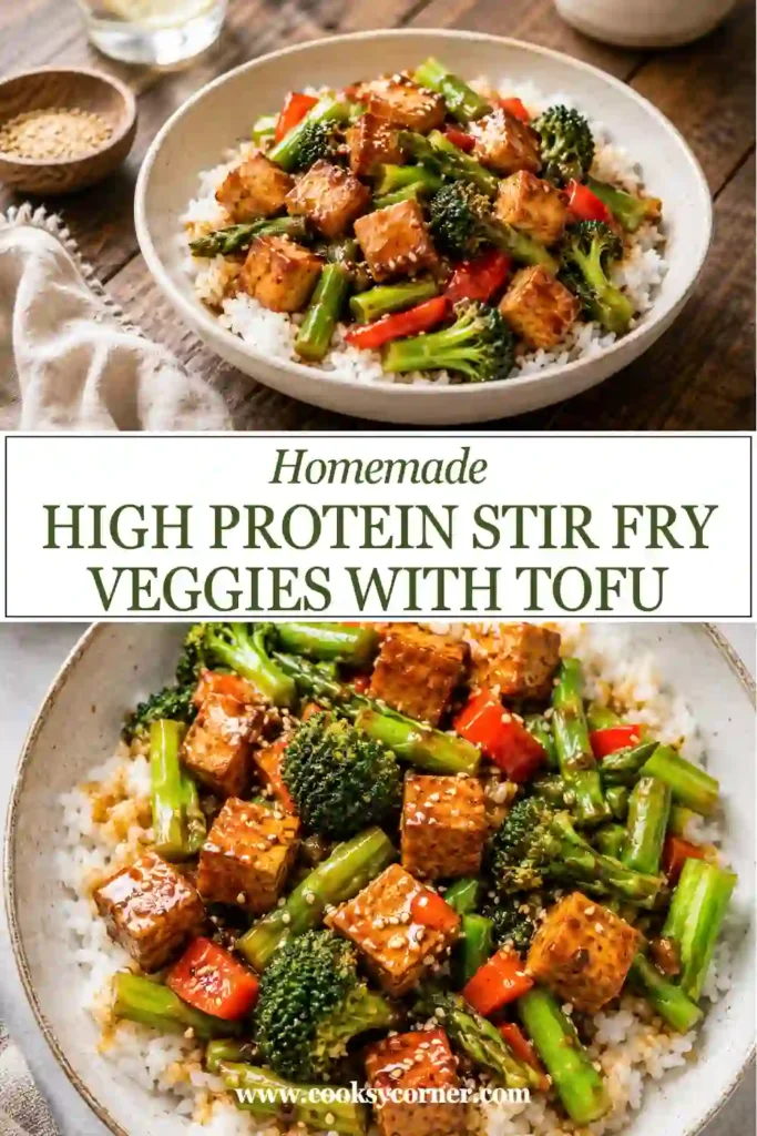 A skillet filled with High Protein Stir Fry Veggies with Tofu featuring napa cabbage, edamame, bell peppers, carrots, and ramen noodles.