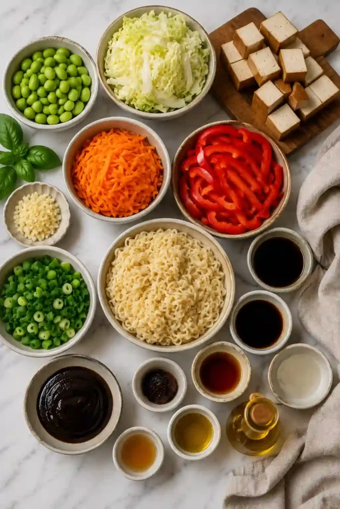Close-up of High Protein Stir Fry Veggies with Tofu featuring golden tofu cubes, colorful vegetables, and glossy sesame sauce.
