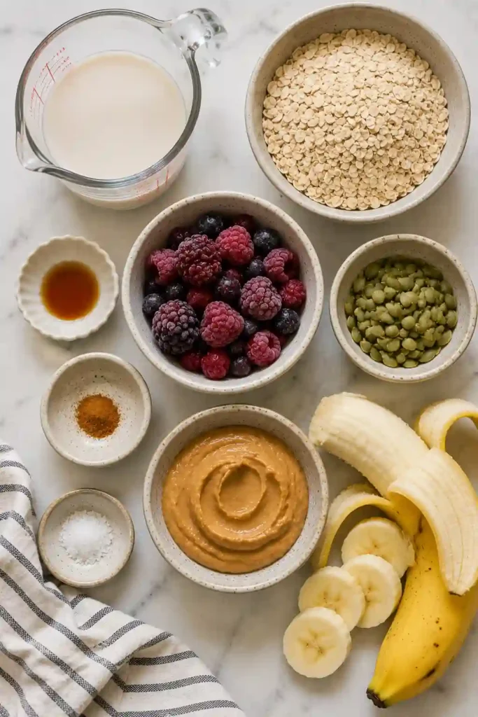 A healthy bowl of vegan protein oatmeal garnished with berries, bananas, and peanut butter.