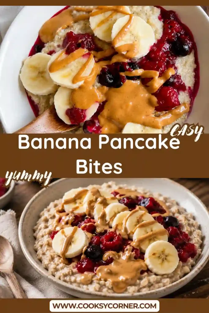 A bowl of High Protein Vegan Oatmeal topped with warm mixed berries, banana slices, creamy peanut butter, and ground pumpkin seeds.