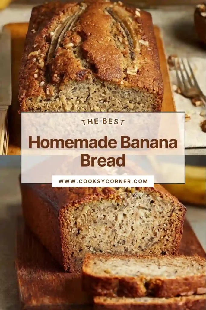 Freshly baked homemade banana bread sliced on a wooden cutting board. This moist banana bread recipe features ripe bananas and a golden brown crust.