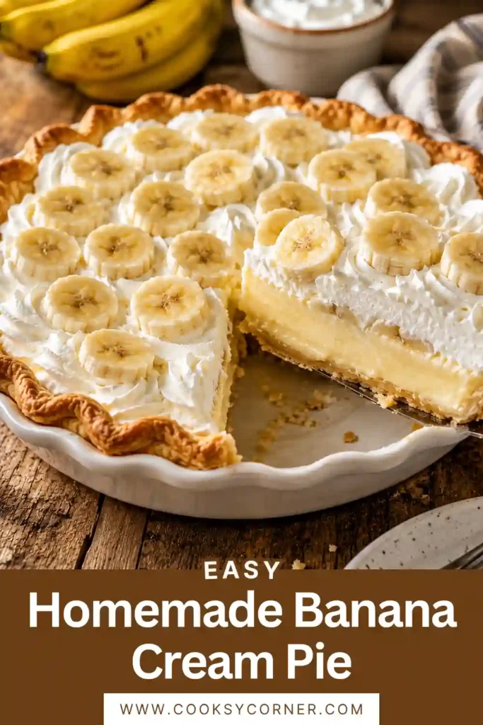 Creamy Banana Cream Pie topped with sliced bananas and homemade whipped cream. A classic American dessert perfect for family gatherings and holidays.