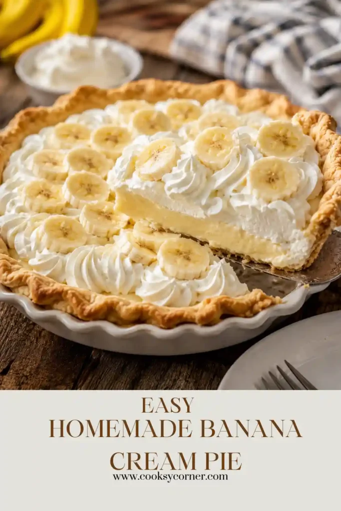 Classic Homemade Banana Cream Pie featuring layers of fresh bananas, rich custard, and fluffy whipped cream. A beautiful dessert served on a white plate.