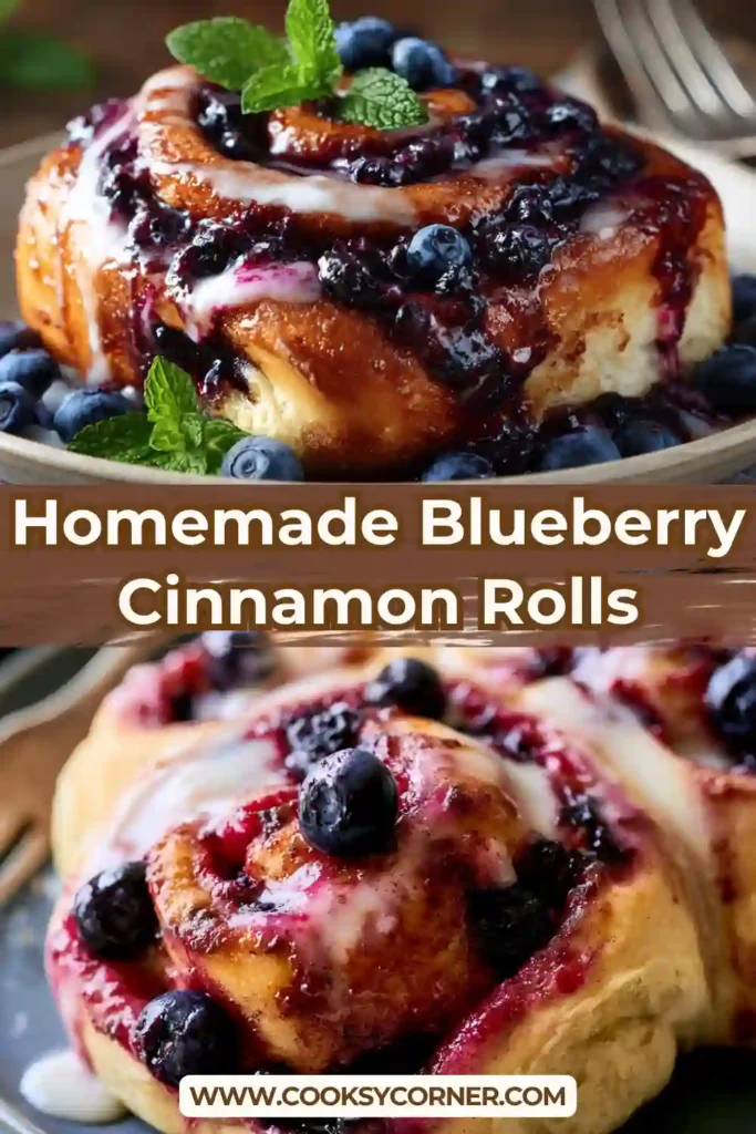Homemade Blueberry Cinnamon Rolls arranged in a baking dish and covered with silky cream cheese frosting. The rolls showcase soft dough, blueberry filling, and golden baked edges.