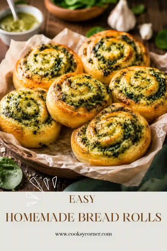 Close-up of Homemade Bread Rolls showing the tender crumb and savory spinach filling. The rolls are baked until beautifully golden brown.