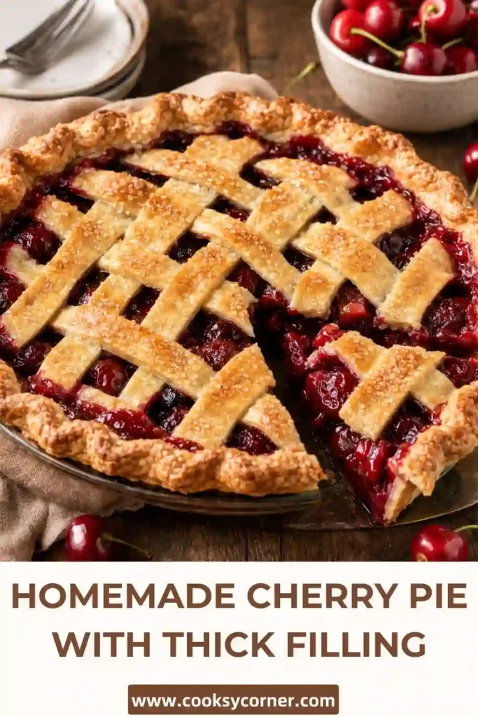 A homemade cherry pie with a golden lattice crust cooling on a wire rack. The thick cherry filling is packed with fresh cherries and visible through the woven crust.