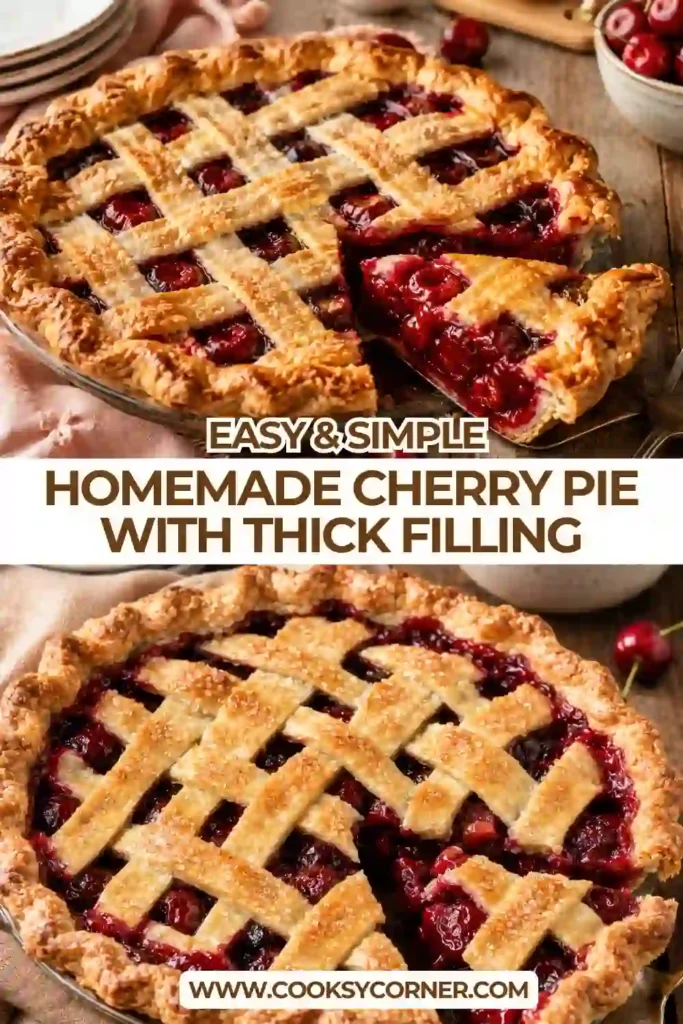 Fresh cherry pie baked until golden brown with bubbling cherry filling peeking through the lattice top. A classic homemade dessert perfect for gatherings.