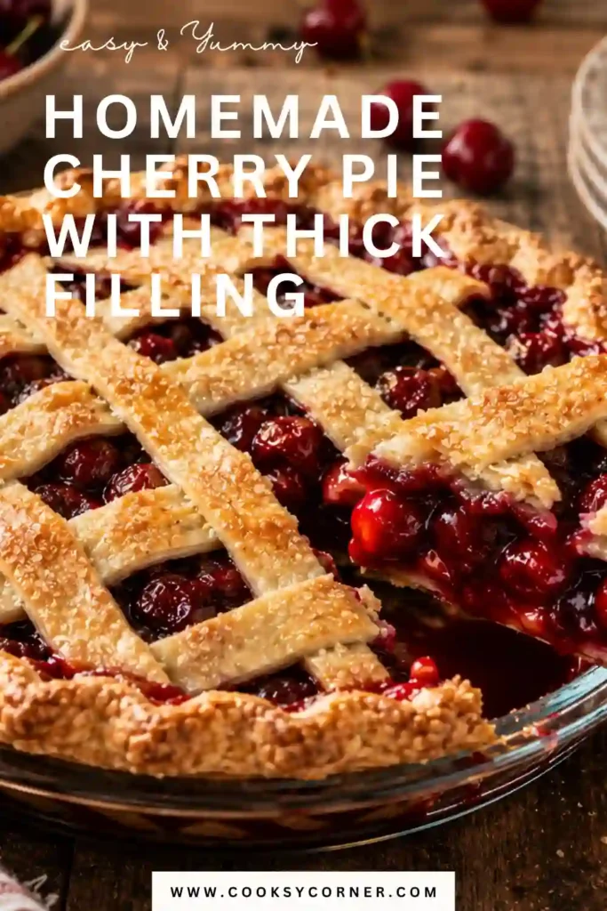 A slice of homemade cherry pie served on a dessert plate with visible chunks of fresh cherries. The filling is thick, glossy, and perfectly set.