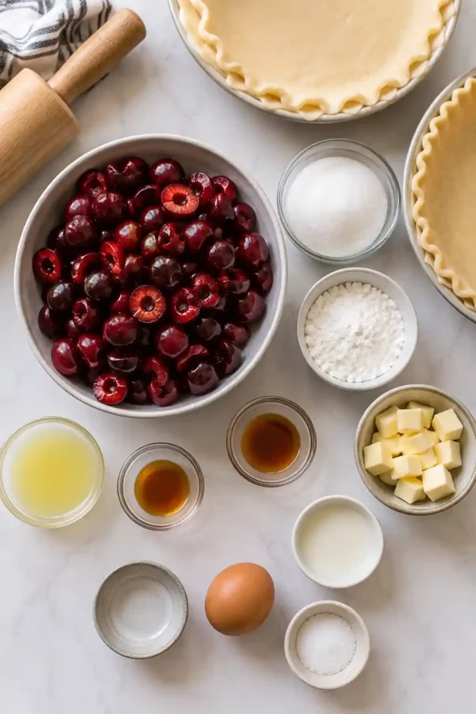 Homemade cherry pie with a decorative lattice crust and deep red cherry filling. The pie is baked to golden perfection and ready to serve.
