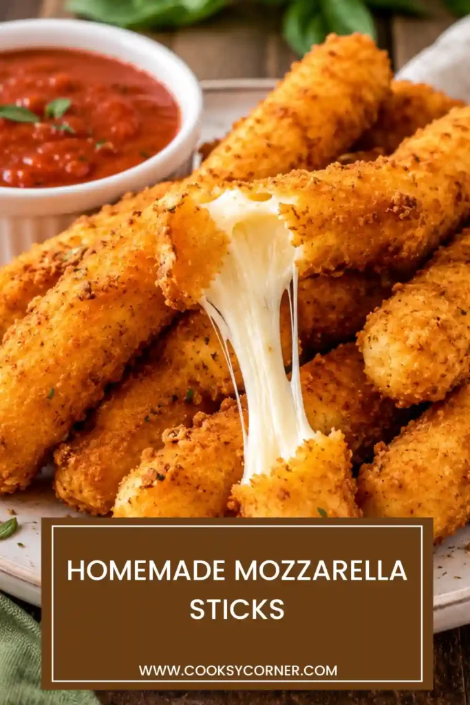 Golden brown homemade mozzarella sticks stacked on a plate with fresh herbs and marinara sauce. The cheese pull showcases the rich, melted mozzarella center.
