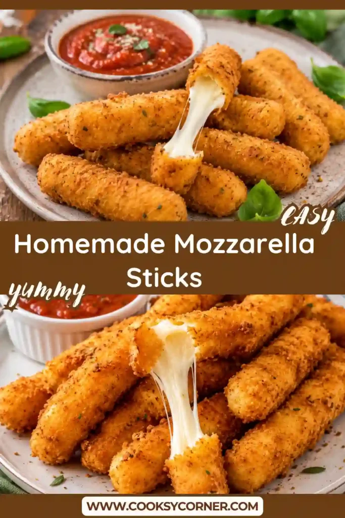 Crispy mozzarella cheese sticks served hot with marinara sauce for dipping. This easy appetizer features a golden crust and melted cheese inside.