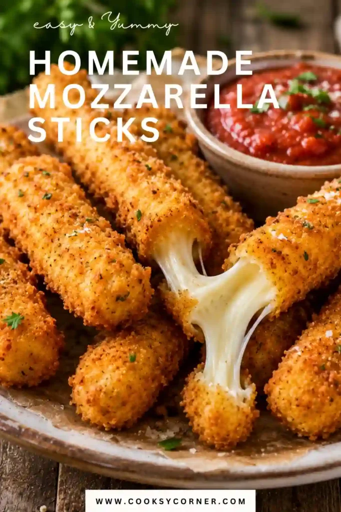 Freshly fried homemade mozzarella sticks arranged on a serving platter with dipping sauce. The crunchy exterior contrasts perfectly with the gooey cheese filling.