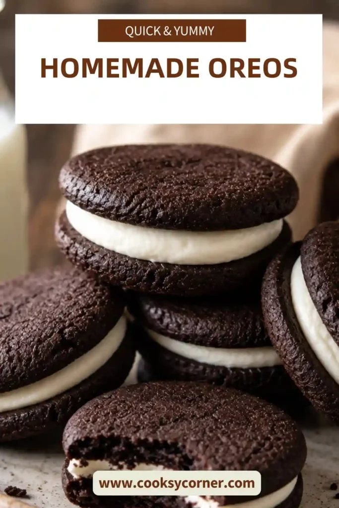 Homemade Oreos displayed on a cooling rack with visible creamy centers. These easy chocolate sandwich cookies are ideal for dessert lovers.