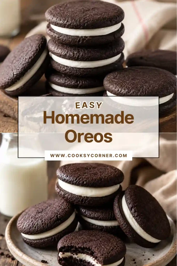 Freshly baked Homemade Oreos filled with creamy vanilla frosting and stacked on a serving plate. These chocolate sandwich cookies feature a rich cocoa flavor and classic bakery-style appearance.