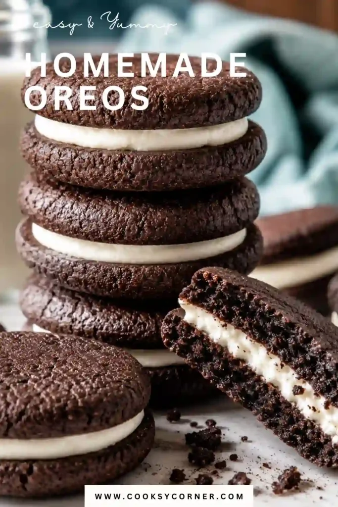Chocolate sandwich cookies arranged beside a glass of milk. Homemade Oreos offer a rich chocolate taste and smooth vanilla filling in every bite.