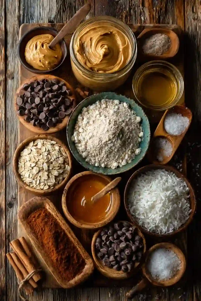 Peanut butter protein bars with flaky sea salt served on a rustic wooden tray.